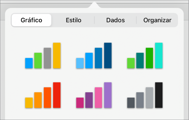 Estilos de gráfico na aba Gráfico do menu Formatar.