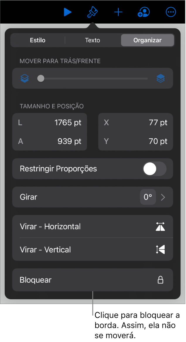 Controles de Organizar no menu Formatar, com o botão Bloquear destacado.