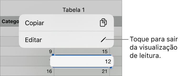 Uma célula de tabela está selecionada e acima dela está um menu com os botões Copiar e Editar.