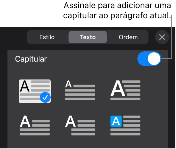 Os controlos de capitular localizados na parte inferior do menu Texto.