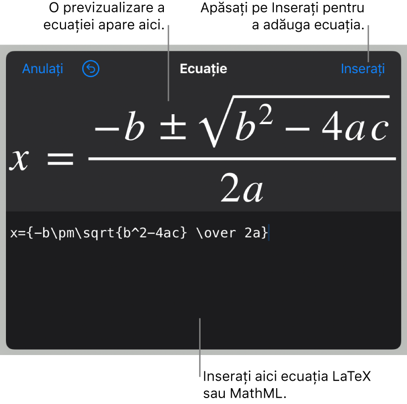 Formula cuadratică scrisă utilizând LaTeX în câmpul Ecuație și o previzualizare a formulei dedesubt.