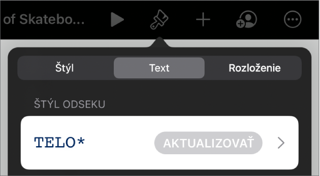 Štýl odseku s hviezdičku a tlačidlom Aktualizovať napravo.