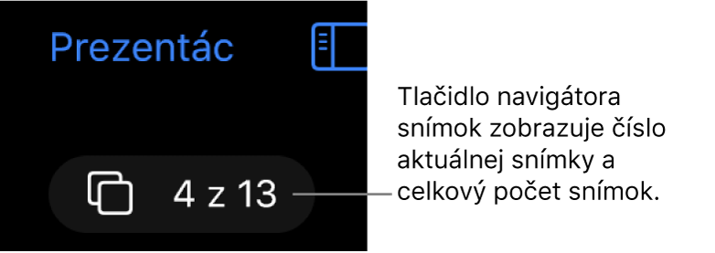 Tlačidlo navigátora snímok zobrazujúce nápis 4 z 13 umiestnený pod tlačidlom Prezentácie v ľavom hornom rohu plátna snímky.