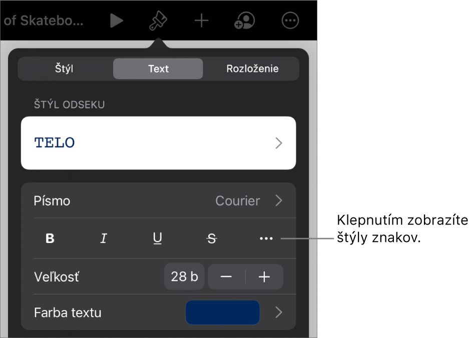 Ovládacie prvky Formát so štýlmi odseku v hornej časti, ako aj ovládacie prvky Písmo. Pod Písmom sú tlačidlá Tučné, Kurzíva, Prečiarknutie a Viac možností textu.