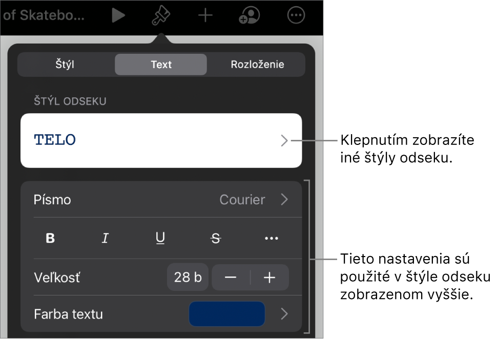 Menu Formát zobrazujúce ovládacie prvky pre nastavenie štýlov odseku a znakov, písma, veľkosti a farby.