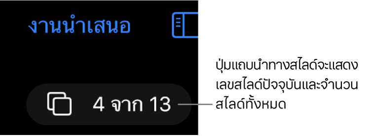 ปุ่มแถบนำทางสไลด์โดยแสดง 4 จาก 13 สไลด์ที่อยู่ใต้ปุ่มงานนำเสนอที่อยู่ใกล้กับมุมซ้ายบนสุดของพื้นที่สไลด์