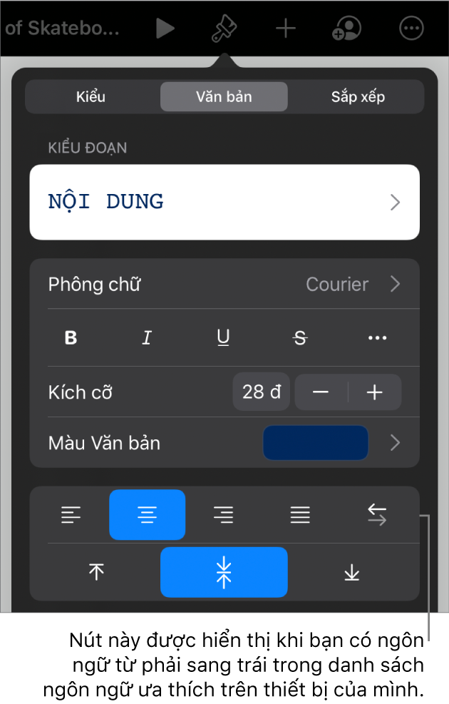 Các điều khiển văn bản trong menu Định dạng với chú thích tới nút Trái sang phải.
