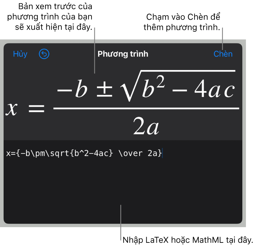 Hộp thoại Phương trình, đang hiển thị công thức bậc hai được viết bằng các lệnh LaTeX và bản xem trước của phương trình ở bên trên.