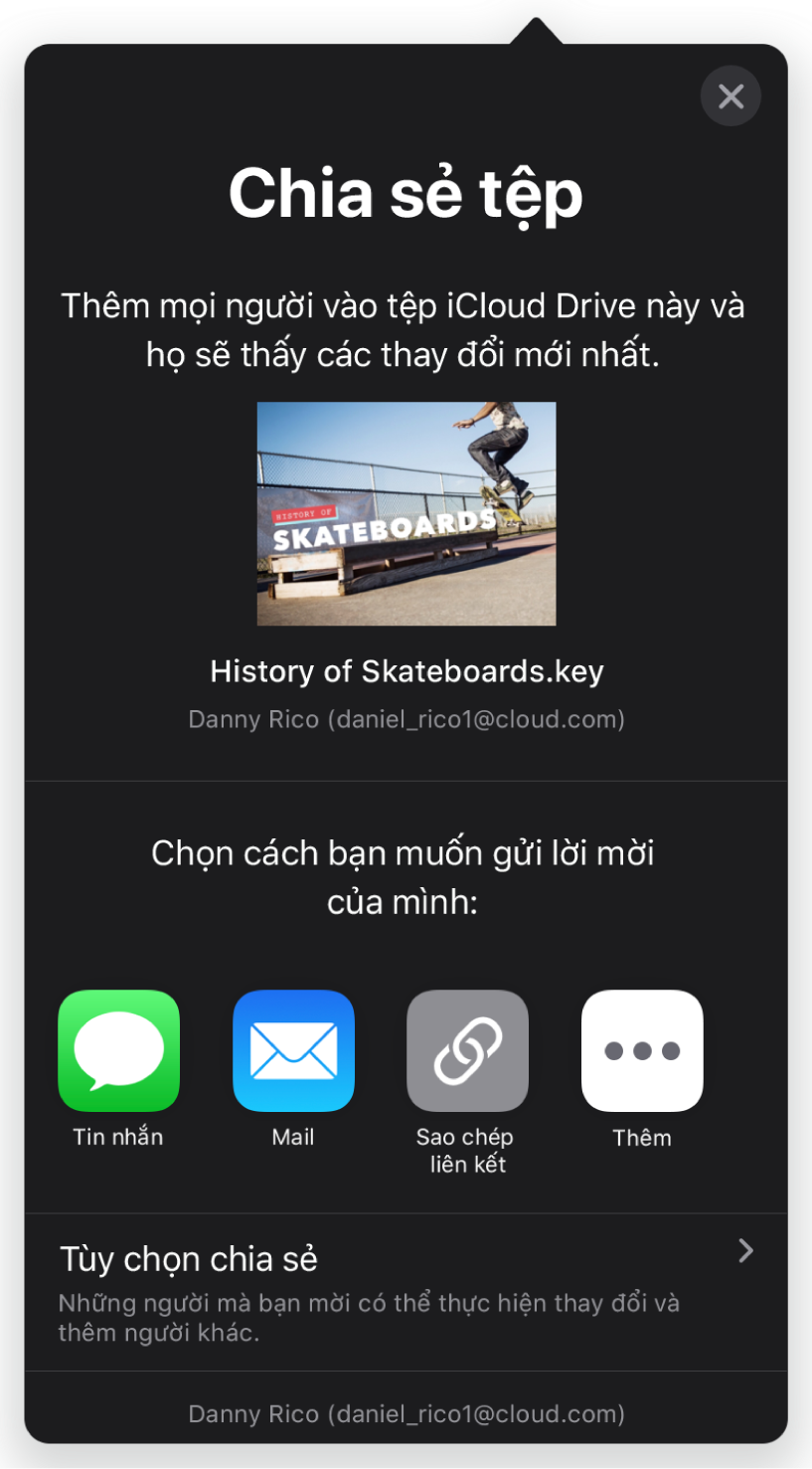 Màn hình Thêm người đang hiển thị hình ảnh của bài thuyết trình được chia sẻ. Bên dưới là các nút cho các cách gửi lời mời, bao gồm Mail, Sao chép liên kết và Thêm. Ở dưới cùng là nút Tùy chọn Chia sẻ.