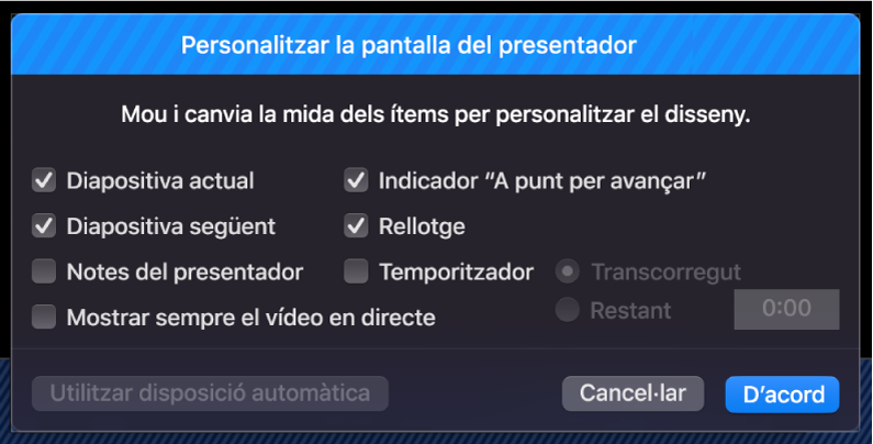 Personalitzar el quadre de diàleg de la pantalla del presentador.