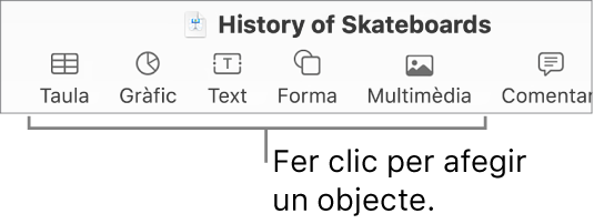 Barra d’eines del Keynote que mostra els botons usats per afegir un objecte a una diapositiva.