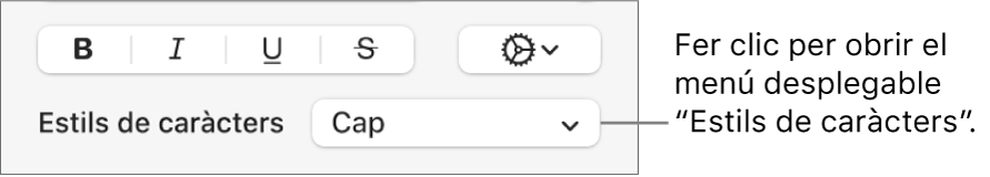 Els controls inferiors del menú emergent “Estils de caràcters” per canviar l’estil i el color del text.