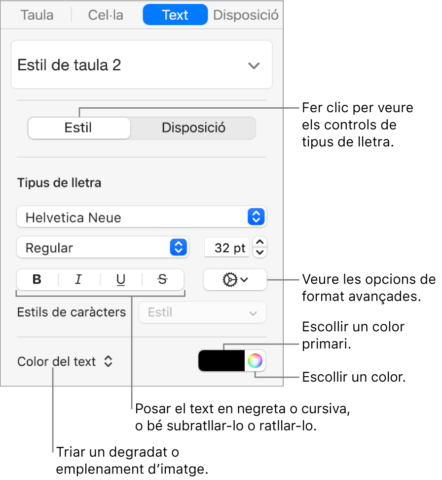 Els controls per aplicar un estil al text d’una taula.