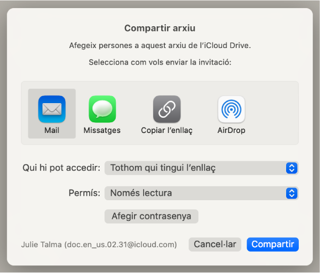 Secció “Opcions de compartir” del quadre de diàleg de col·laboració, que mostra els menús “Qui hi pot accedir” i Permís.