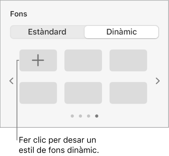 El botó Dinàmic seleccionat a la secció Fons de la barra lateral Format on es mostra el botó "Afegir estil".