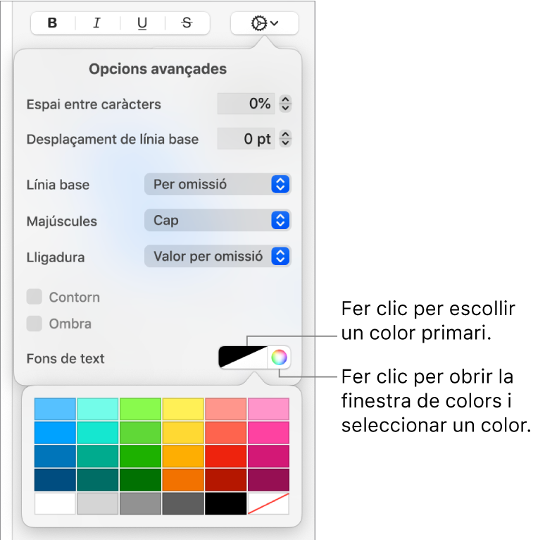 Controls per seleccionar un color de fons del text.