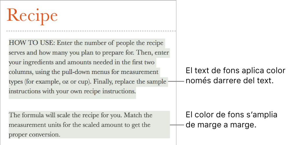 Un paràgraf amb color només darrere del text i un segon paràgraf amb color al darrere que s’estén de marge a marge en un bloc.