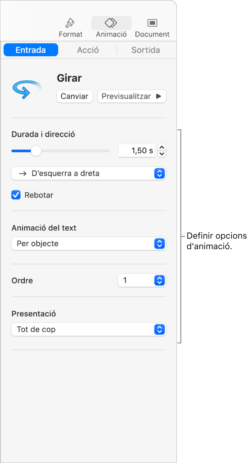 Les opcions Entrada de la secció Animació de la barra lateral.