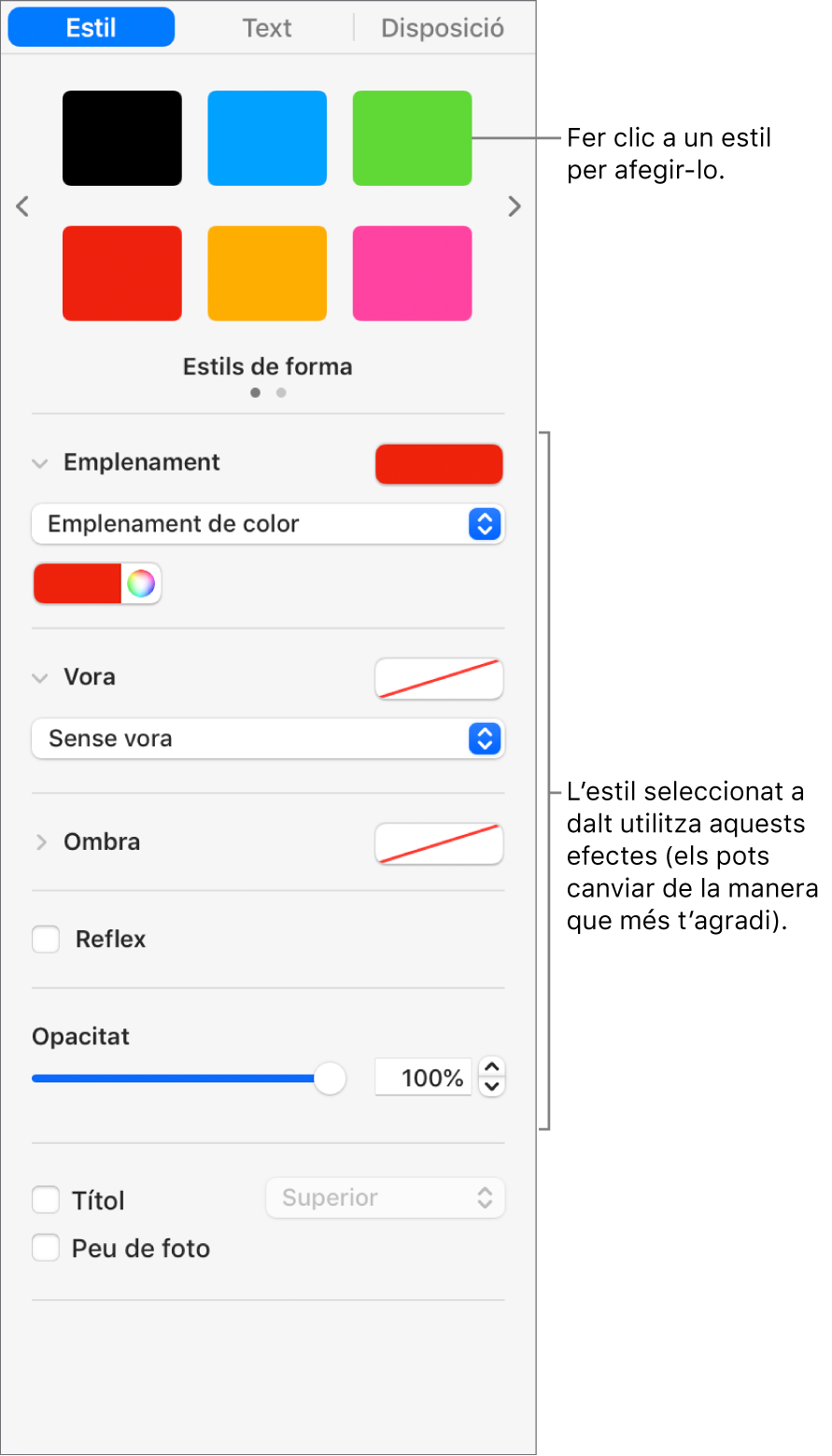 Estils i opcions per a les formes a la secció Format de la barra lateral.