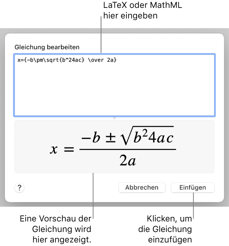 Im Dialogfenster „Gleichung bearbeiten“ wird die quadratische Formel angezeigt, die mit LaTeX in das Feld „Gleichung bearbeiten“ geschrieben wurde, darunter wird eine Vorschau der Formel angezeigt.