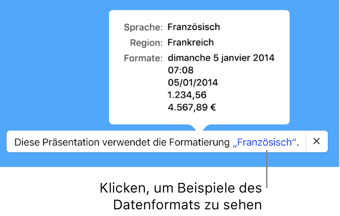 Die Mitteilung zur anderen Sprache und Region mit Beispielen der Formatierung in dieser Sprache und Region.