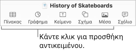 Η γραμμή εργαλείων «Keynote» με κουμπιά που χρησιμοποιούνται για προσθήκη αντικειμένου σε ένα σλάιντ.