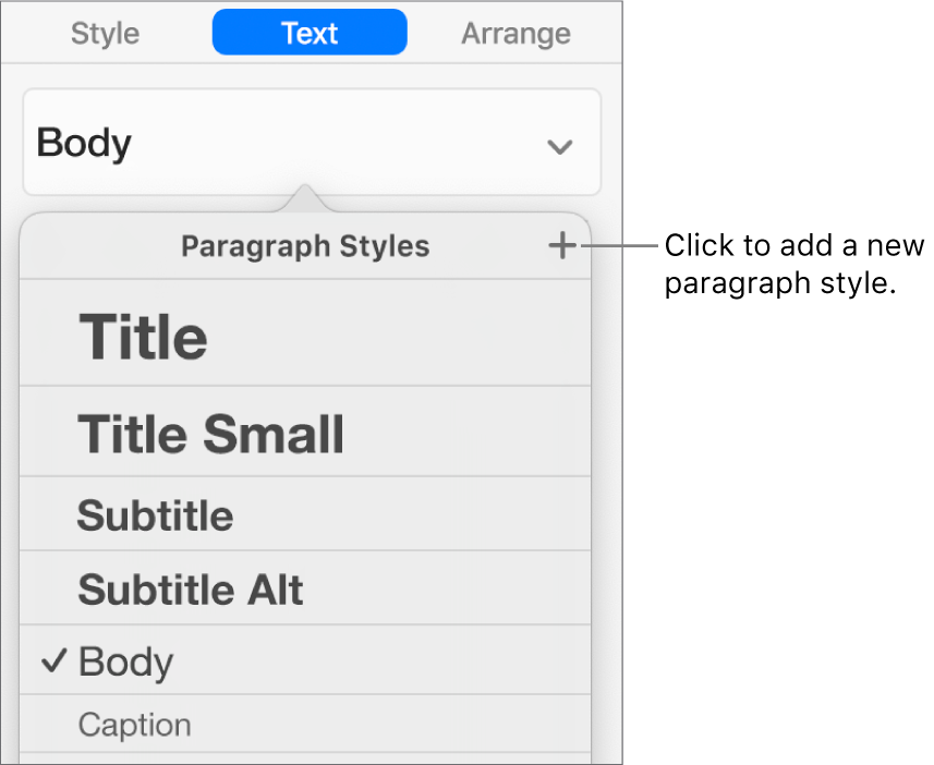 The Paragraph Styles menu with a call-out to the New Style button.