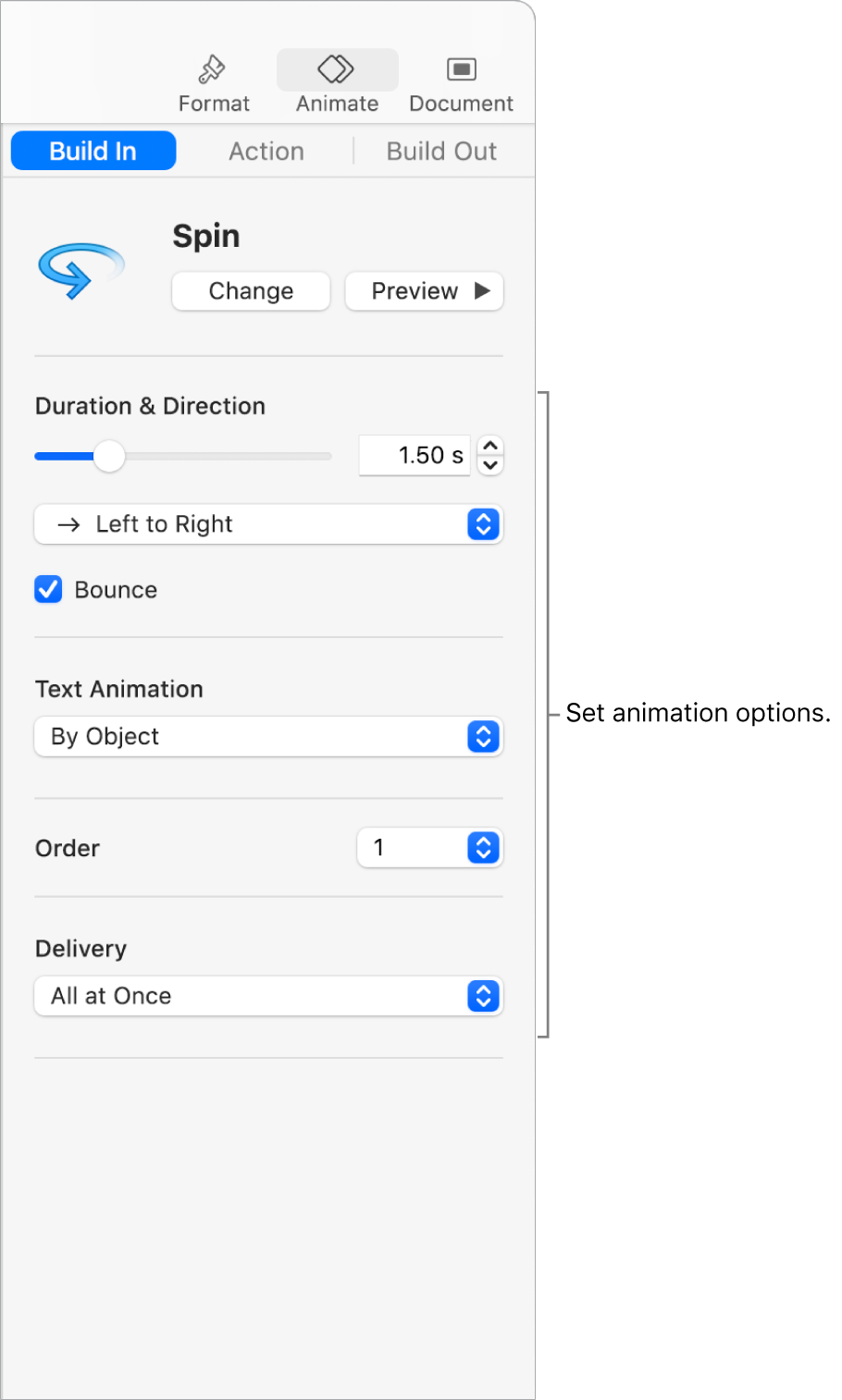 Build-in options in the Animate section of the sidebar.