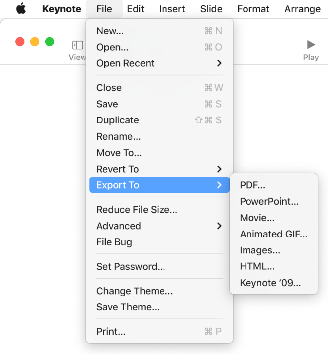 The File menu open with Export To selected and its submenu showing export options for PDF, PowerPoint, Movie, HTML, Images and Keynote ’09.