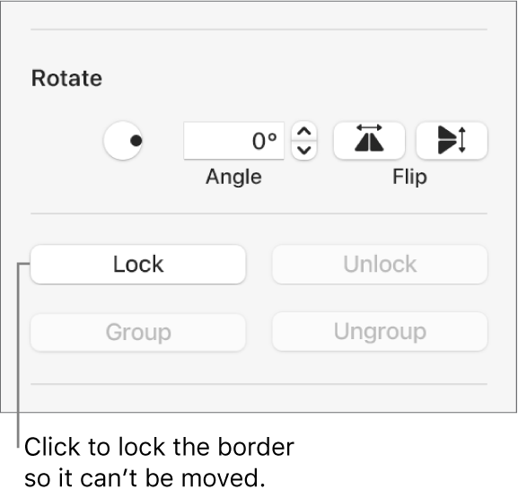 The Rotate, Lock and Group object controls with the Lock button called out.