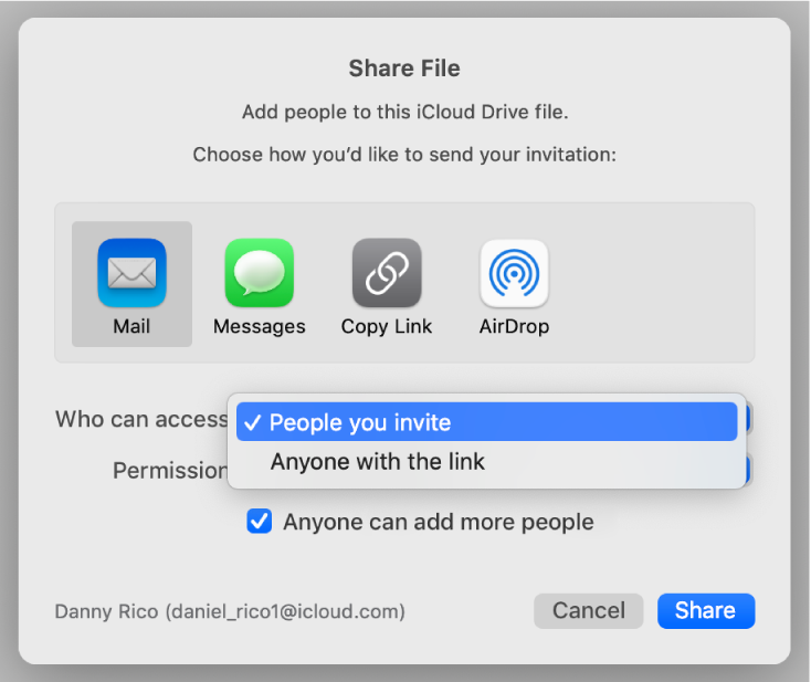 The collaboration dialogue with the “Who can access” pop-up menu open and “People you invite” selected.