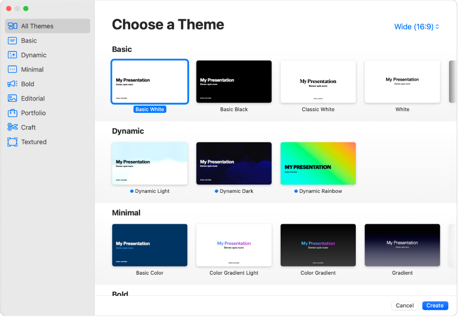 The theme chooser. A sidebar on the left lists theme categories you can click to filter options. On the right are thumbnails of predesigned themes arranged in rows by category. The theme size button is in the top-right corner, where you can set Standard or Wide format. The Language and Region pop-up menu is in the bottom-left corner and Cancel and Create buttons are in the bottom-right corner.