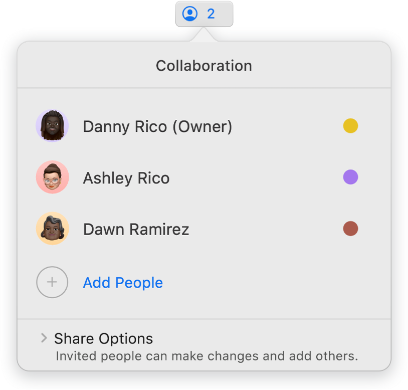 The Collaboration menu showing the names of people collaborating on the presentation. Share options are below the names.