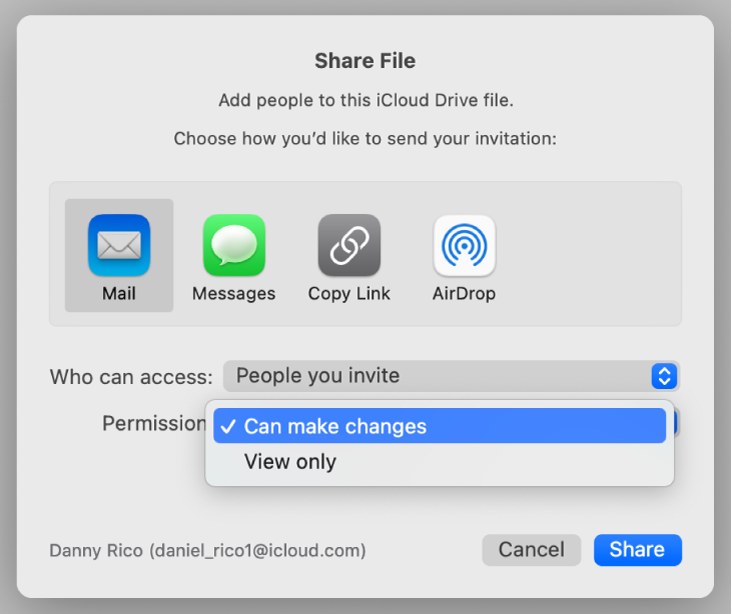 The collaboration dialog with the Permission pop-up menu open and “Can make changes” selected.