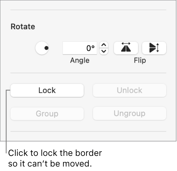 The Rotate, Lock, and Group object controls with the Lock button called out.