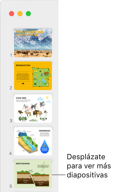 El navegador de diapositivas representando cinco diapositivas verticalmente en orden secuencial, con la opción para desplazarte para ver más diapositivas.