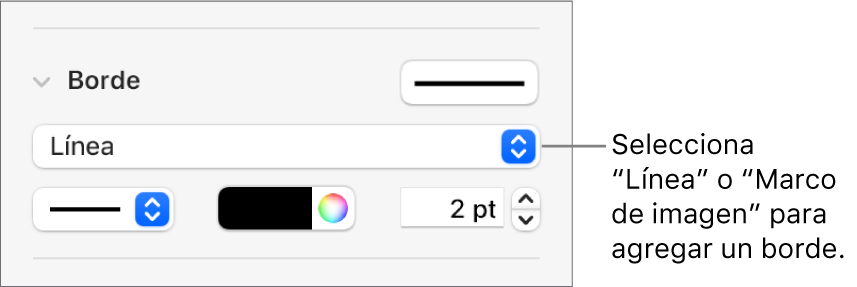Los controles “Estilo de borde” en la barra lateral Formato con la opción Línea seleccionada como tipo de borde.