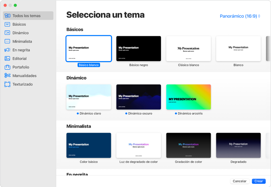 El selector de tema. A la izquierda aparece una barra lateral que muestra categorías de temas en las que puedes hacer clic para filtrar las opciones. A la derecha hay miniaturas de temas prediseñados organizados en filas por categorías. El botón de tamaño de tema está en la esquina superior derecha, donde puedes ajustar los formatos Estándar o Panorámico. El menú desplegable de idioma y región se encuentra en la esquina inferior izquierda, y los botones Cancelar y Crear, en la inferior derecha.