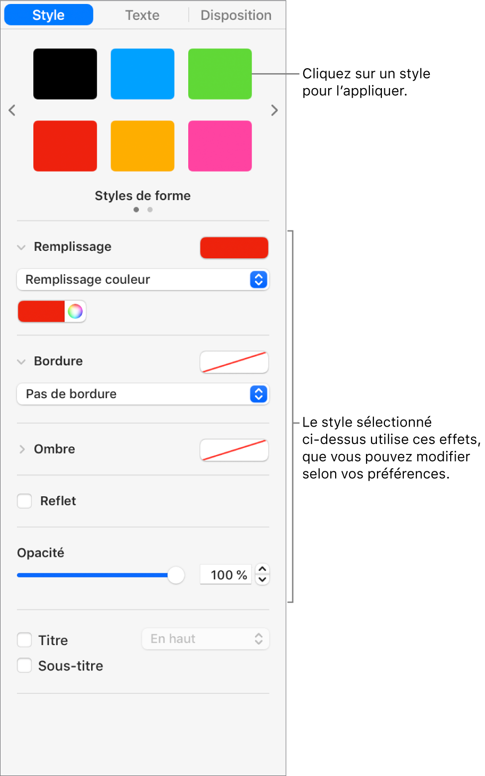 Styles et options de forme de la section Format de la barre latérale.