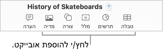 סרגל הכלים של Keynote מציג כפתורים המשמשים להוספת אובייקט לשקף.