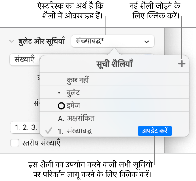 शैलियाँ प्रबंधित करने के लिए “नई शैली” बटन के लिए ओवरराइड तथा कॉलआउट इंगित करने वाला ऐस्टरिस्क दिखाता “सूची शैलियाँ” पॉपअप मेनू।