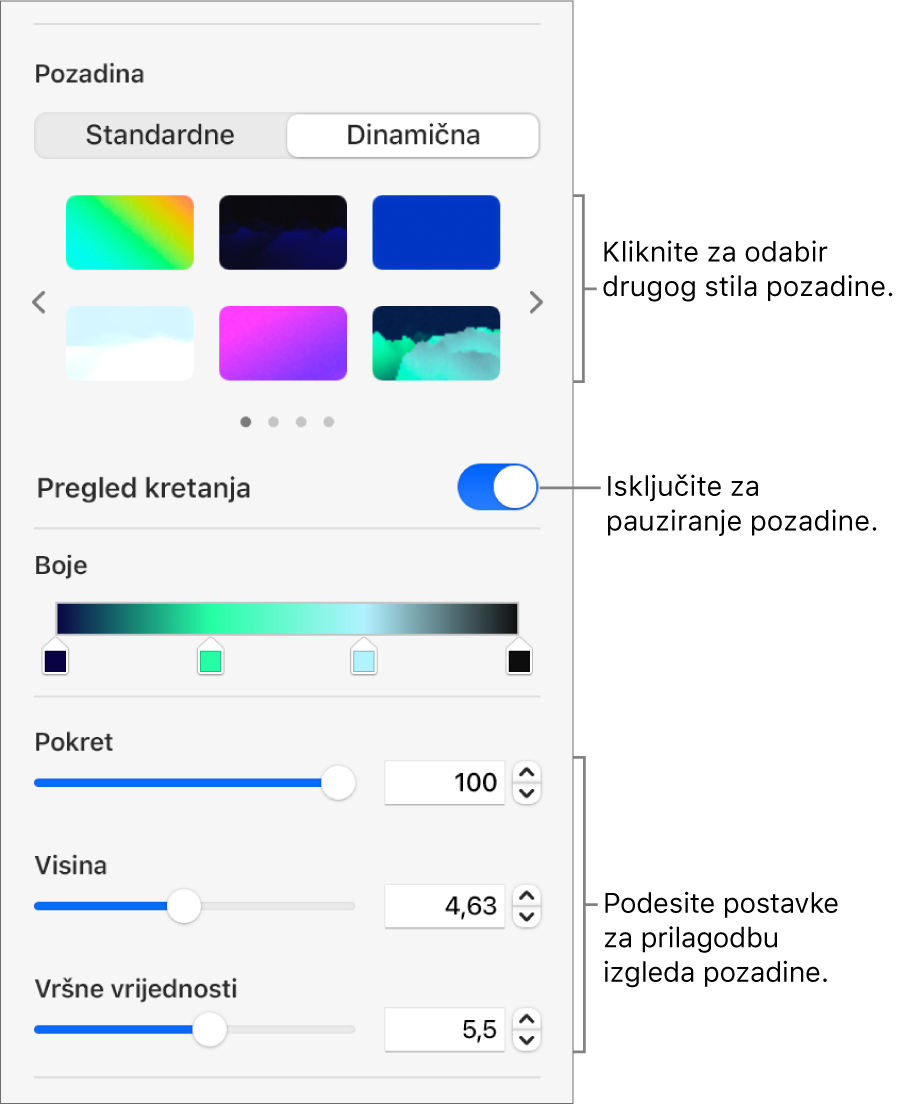 Tipka Dinamično odabrana u odjeljku Pozadina rubnog stupca Formatiraj s prikazanim stilovima dinamične pozadine, kontrolom Prikaz kretanja te kontrolama izgleda.