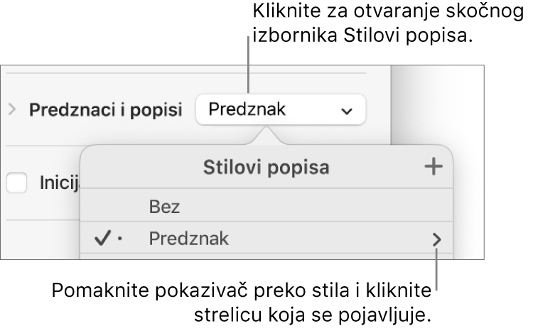 Skočni izbornik Stila popisa s jednim odabranim stilom i strelicom na kraju desne strane.