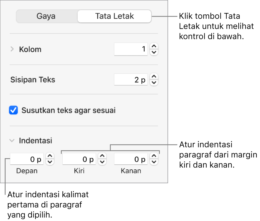 Bagian Tata Letak pada bar samping Format menampilkan kontrol untuk mengatur indentasi baris pertama dan margin paragraf.