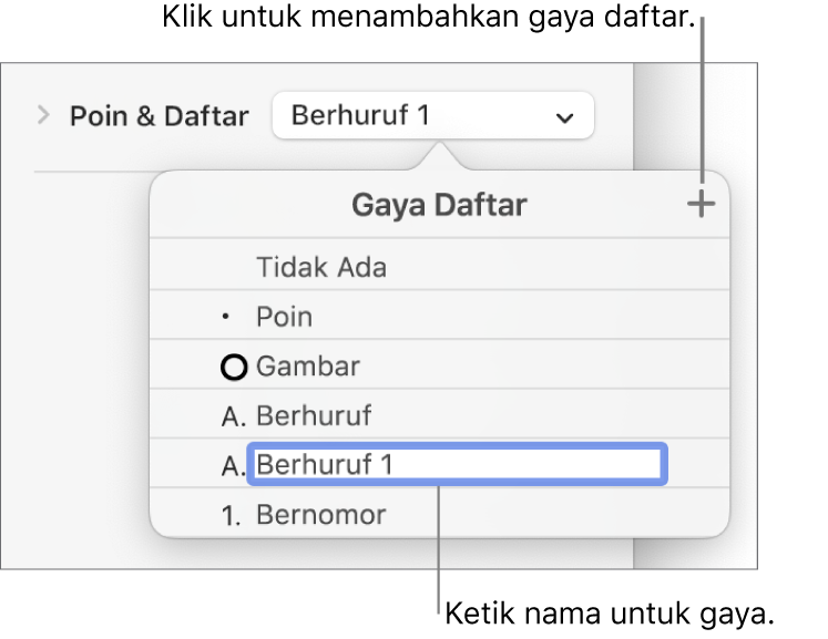 Menu pop-up Gaya Daftar dengan tombol Tambah di pojok kanan atas dan nama gaya placeholder dengan teksnya dipilih.