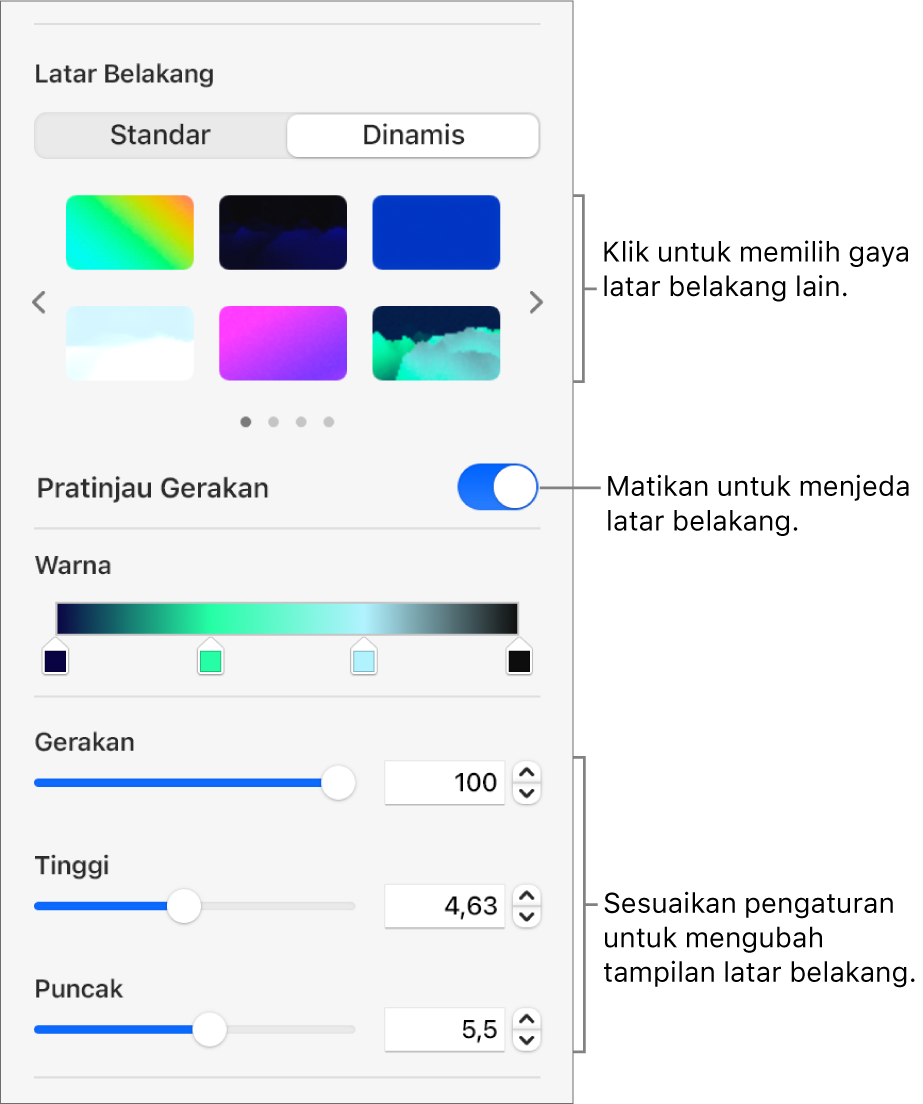 Tombol Dinamis dipilih di bagian Latar Belakang pada bar samping Format dengan gaya latar belakang dinamis, kontrol Pratinjau Gerakan, dan kontrol tampilan dipilih.