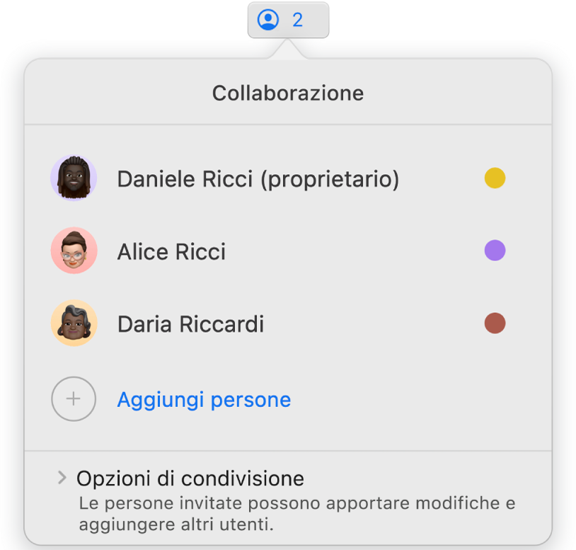 Menu Collaborazione che mostra i nomi delle persone che stanno collaborando alla presentazione. Le opzioni di condivisione si trovano sotto i nomi.