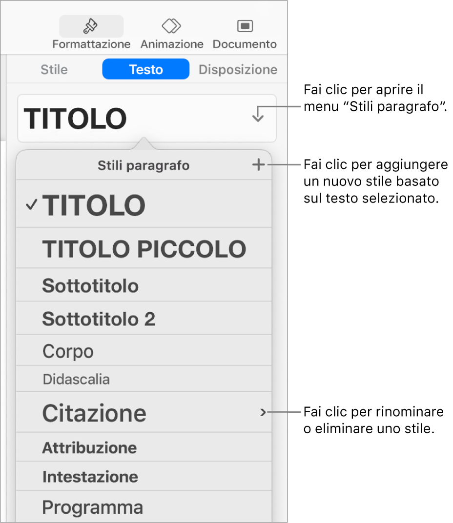 Il menu “Stili Paragrafo”, in cui vengono visualizzati i controlli per aggiungere o modificare uno stile.