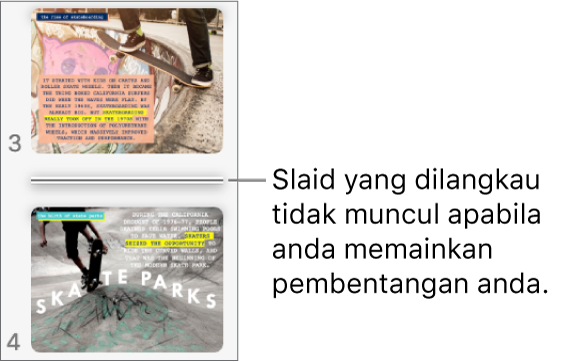 Penavigasi slaid dengan slaid dilangkau ditunjukkan sebagai garis mendatar.