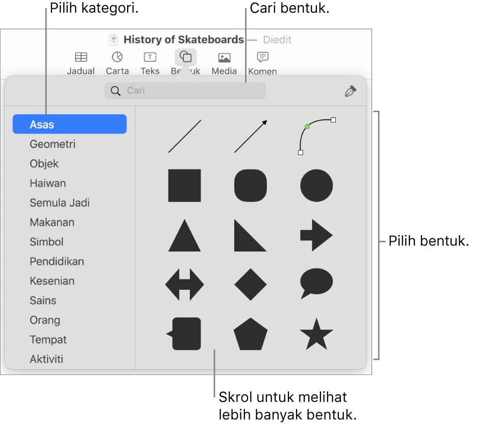 Pustaka bentuk, dengan kategori disenaraikan di kiri dan bentuk dipaparkan di kanan. Anda boleh menggunakan medan carian di bahagian atas untuk mencari bentuk dan skrol untuk melihat lebih banyak.